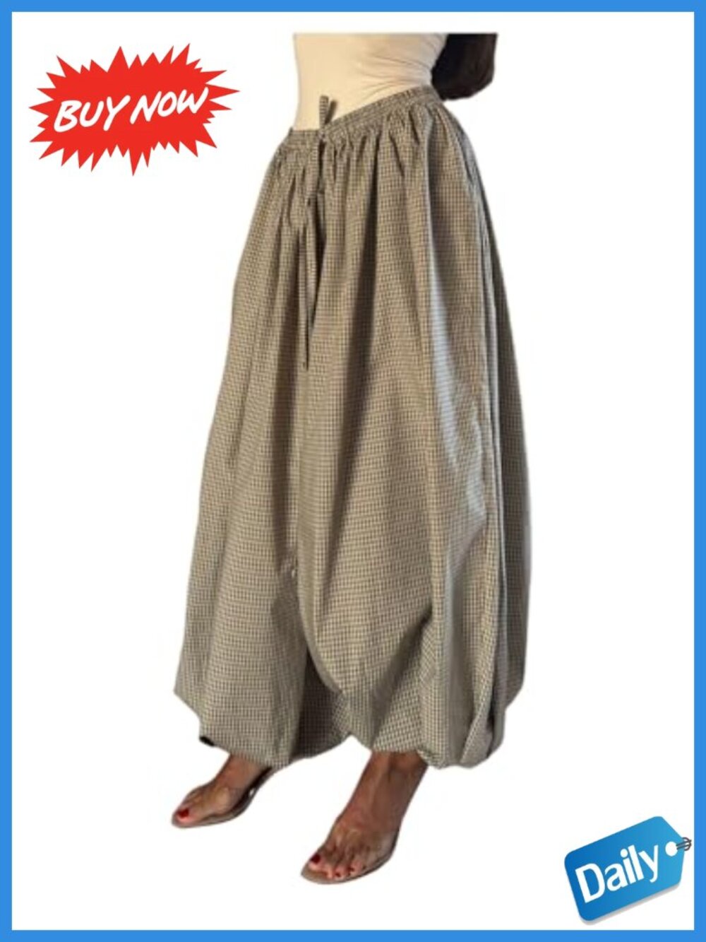 Plaid Balloon Wide Leg Pants Elastic Drawstring Waist Slant Pockets